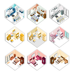 Various Design of Isometric Home Interior Illustration Set