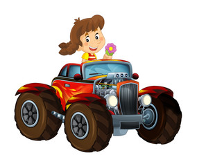 happy cartoon scene with child - girl - in hot rod cabriolet - illustration for children © honeyflavour