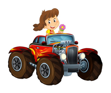 happy cartoon scene with child - girl - in hot rod cabriolet - illustration for children