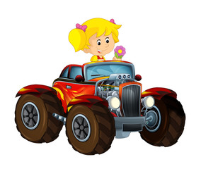 happy cartoon scene with child - girl - in hot rod cabriolet - illustration for children