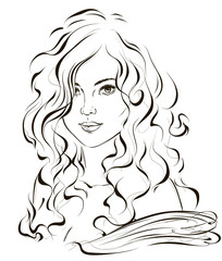 Sketch of a young girl with beautiful curly hair. Vector illustration