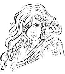 Sketch of a young girl with beautiful developing hair in a scarf. Vector illustration