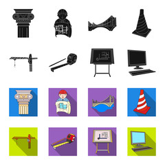 Construction crane, measuring tape measure, drawing board, computer. Architecture set collection icons in black,flet style vector symbol stock illustration web. © pandavector