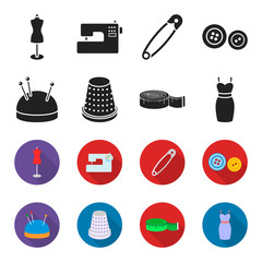 Pincushion with pins, thimble, centimeter, dress.Atelier set collection icons in black,flet style vector symbol stock illustration web. © pandavector