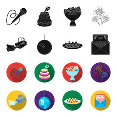 A video camera with smoke, a twirling holiday ball, a plate of sandwiches, an envelope with a greeting card. Event services set collection icons in black,flet style vector symbol stock illustration © pandavector