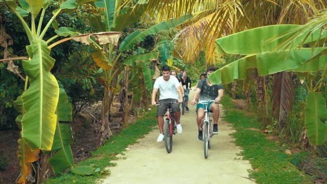 A group of young millennial tourists cycle along a bike path through a lush jungle near Ho Chi Minh City