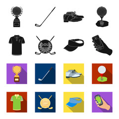 Emblem of the golf club, cap with a visor, golfer shirt, phone with a navigator.Golf club set collection icons in black,flet style vector symbol stock illustration web. © pandavector