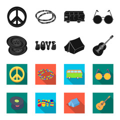 Vinyl discs, guitar, tent.Hippy set collection icons in black,flet style vector symbol stock illustration web. © pandavector