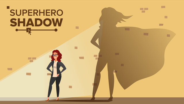 Businesswoman Superhero Shadow Vector. Emancipation, Ambition, Success. Leadership Concept. Creative Modern Business Superhero. Flat Cartoon Illustration