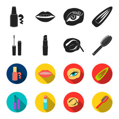 Mascara, hairbrush, lipstick, eyebrow pencil,Makeup set collection icons in black,flet style vector symbol stock illustration web. © pandavector