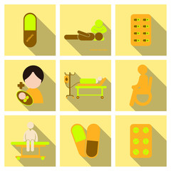 Medicine, pharmacy, hospital set of drugs with labels. Medication, pharmaceutics concept. Vector illustration