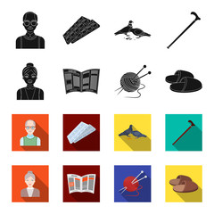 An elderly woman, slippers, a newspaper, knitting.Old age set collection icons in black,flet style vector symbol stock illustration web. © pandavector