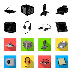 Webcam, headphones, USB cable, processor. Personal computer set collection icons in black,flet style vector symbol stock illustration web. © pandavector
