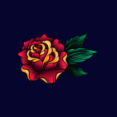 Rose flower in red colors, floral design vector Illustration on a dark blue background
