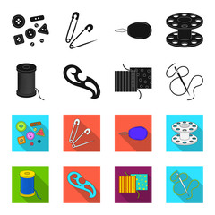 A spool with threads, a needle, a curl, a seam on the fabric.Sewing or tailoring tools set collection icons in black,flet style vector symbol stock illustration web. © pandavector