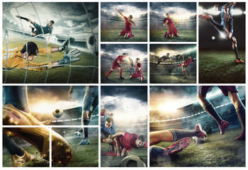 The football player in motion on the field of stadium