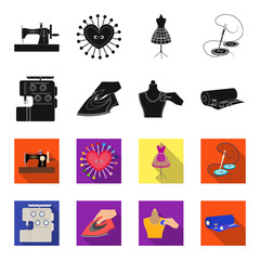 Electric sewing machine, iron for ironing, marking with chalk clothes, roll of fabric and other equipment. Sewing and equipment set collection icons in black,flet style vector symbol stock © pandavector