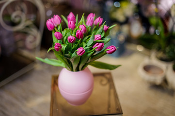 Beautiful crimson tulips in a pink vase