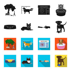 Lounger for a pet, clipping of claws in a vet clinic, lying dog, puppy with a ball. Vet clinic and pet,dog care set collection icons in black,flet style vector symbol stock illustration web. © pandavector
