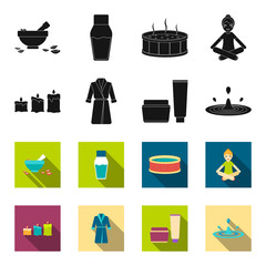 Multicolored burning candles, a pink robe with a yellow belt and a collar, a tube with cream and a jar with an ointment, a drop of water.Spa set collection icons in black,flet style vector symbol © pandavector