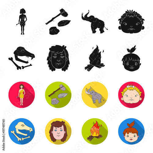 Woman Hair Face Bonfire Stone Age Set Collection Icons