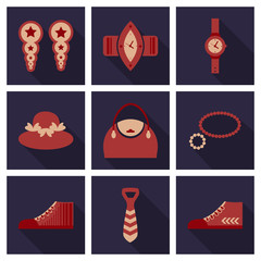 Set with icons on theme of shopping and clothes . Vector illustration.