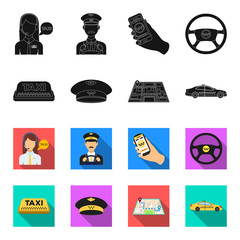 Yellow taxi inscription, a cap with a taxi badge, a map with a mark, a car with checkers. Taxi set collection icons in black,flet style vector symbol stock illustration web. © pandavector