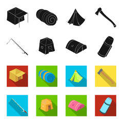 Spinning for fishing, tent, thermos.Tent set collection icons in black,flet style vector symbol stock illustration web. © pandavector