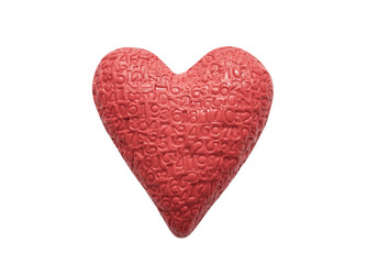 Red heart with imprinted digits isolated on white background