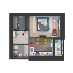 3d render plan and layout of a modern colorful one bedroom apartment, top view