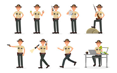 Town male sheriff police officer character in official uniform, policeman executing civil judgment vector Illustration on a white background