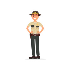 Smiling town male sheriff police officer character in official uniform standing with hands on his waist vector Illustration on a white background
