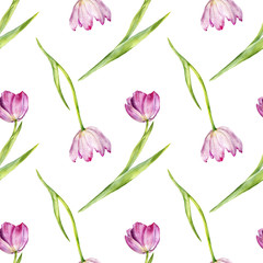 Obraz premium watercolor seamless pattern with pink tulips