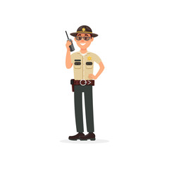 Town male sheriff police officer character in official uniform talking on a radio vector Illustration on a white background