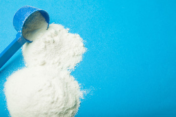 Handful of milk powder with a measuring blue spoon. Space for text.