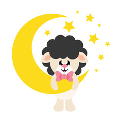 cartoon cute sheep black with tie and moon
