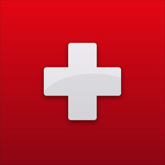 White cross. Medical symbol. Switzerland flag. Satin shape with shadow and reflection on red background. This vector illustration saved in 10 eps