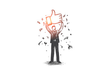 Network communication concept. Hand drawn thumbs up sign as symbol of like. Networking symbol isolated vector illustration.