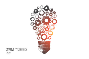 Creative technology concept. Hand drawn electric bulb with gear wheels as symbol of creative idea. Production of ideas isolated vector illustration.