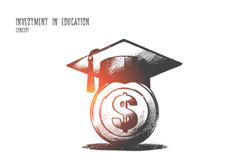 Investment in education concept. Hand drawn graduation hat with on money. Saving for higher education isolated vector illustration.