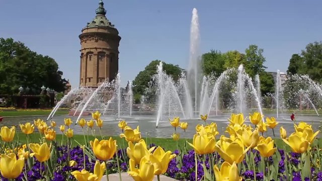 Slider Shot at the watertower in Mannheim at a beautiful day in spring