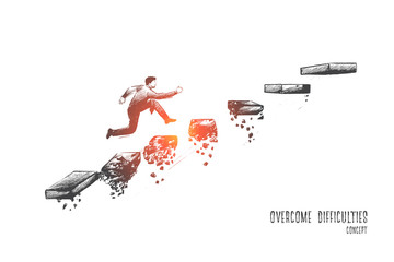 Overcome difficulties concept. Hand drawn man climbs steps of collapsing ladder. Overcoming obstacles to achieving success isolated vector illustration.