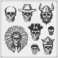 Set of emblems and labels with skulls. King, Viking, Indian and Pirate.