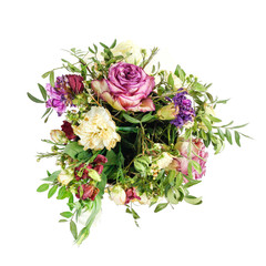 Composition of dried flowers in a pink hatbox. Tied with wide white ribbon and bow