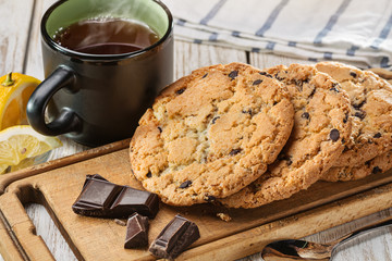 Hot tea, chocolate and homemade cookies.