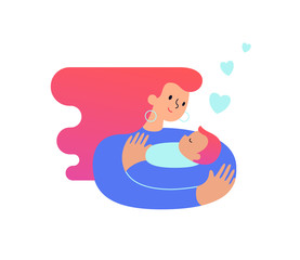 Mom hugging and cuddling her baby boy or girl and nursing him. Mother embracing newborn son and expressing love and care. Modern illustration could be used as logo symbol for banner or website. Vector