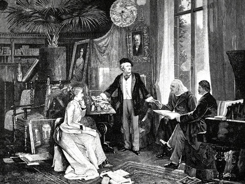 Richard und Cosima Wagner mit Liszt und Hans v. Wolzogen in ihrem Heim Wahnfried um 1880 