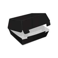 Black open food box, packaging for burger, lunch, fast food, sandwich. Vector product package on white background