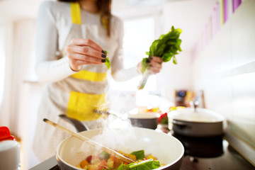 close up of Young beautiful woman hands putting just enough spice and fresh dressing on her cooking mixture in a pan on the oven.