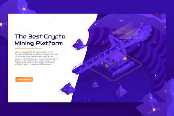 Isometric crypto mining concept web banner with vehicle. Concept of cryptocurrency mining with heavy machine. Vector Illustration with digital technology field.